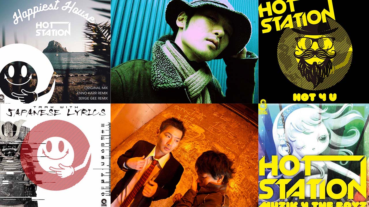 原田英明の別名義のhideoutとhotstasionが最近発売した音楽のアートワークがタイル状に並んでいる